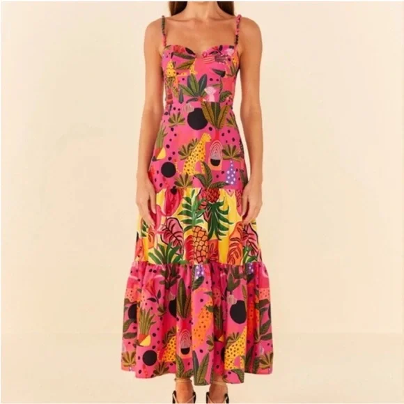 Farm Rio Pink Pop Leopards Mixed Midi Dress - Picture 3 of 7